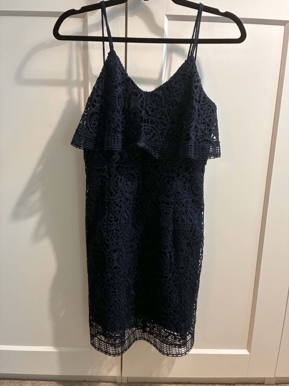 J.O.A. Los Angeles Navy Blue Lace Flounce Overlay Mini Dress - Size M